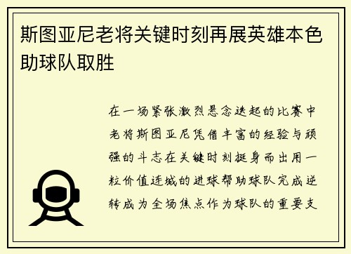 斯图亚尼老将关键时刻再展英雄本色助球队取胜 斯图亚尼老将关键时刻再展英雄本色助球队取胜